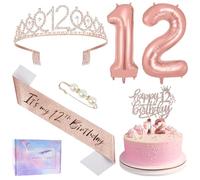 Ainiv 12° Compleanno Corona Oro Rosa, Cake Topper "Happy 12th Birthday", Fascia e Tiara per il Compleanno, Candele e Palloncini con Numeri in Oro Rosa, Regali di Compleanno e Decorazioni per Feste