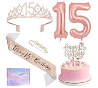 Ainiv 15° Compleanno Corona Oro Rosa, Cake Topper "Happy 15th Birthday", Fascia e Tiara per il Compleanno, Candele e Palloncini con Numeri in Oro Rosa, Regali di Compleanno e Decorazioni per Feste