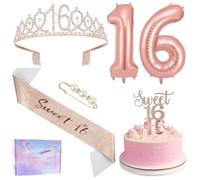 Ainiv 16° Compleanno Corona Oro Rosa, Cake Topper "Happy 16th Birthday", Fascia e Tiara per il Compleanno, Candele e Palloncini con Numeri in Oro Rosa, Regali di Compleanno e Decorazioni per Feste