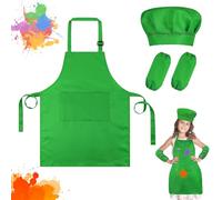 Ainiv Bambini Grembiule e Cappello da Cuoco Maniche Set, Grembiulino Impermeabile con Tasche, Grembiule Regolabile per 6-12 Anni Bambino Bambina, per Dipingere Scuola Asilo Cucina Casa, Verde