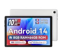 Ainmel Android 14 Tablet 10 pollici, processore Octa-core, 8 GB + 64 GB (TF 1TB), Android Tablet 1280 x 800 HD IPS Wi-Fi 6 Model/Widevine L1/5000 mAh/Dual Camera/Face ID Tablet PC (Bianco)
