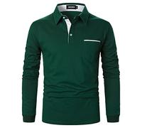AIOIDI Polo Uomo Manica Lunga Slim Fit Cotone Strisce Plaid T Shirt con Tasche，Verde 2，L