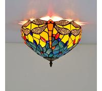 Aioneer 12" Dragonfly Ceiling Lights, Handmade Stained Glass LED Ceiling Lamp Flush Mount, Victoria Style Bedroom Chandelier for Living Room Kitchen Dining Room Hallway
