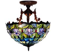 Aioneer 16" Ceiling Light Fixture Semi Flush Mount Stained Glass Shade Ceiling Lamp 3 Light Vintage Dimmable Pendant Hanging Lamp for Living Room Bedroom Kitchen Hallway Decor