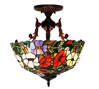 Aioneer 16" Ceiling Light Fixture Stained Glass Semi Flush Mount Ceiling Lamp 3 Light Vintage Chandeliers Hanging Lamp for Decor Living Room Bedroom Kitchen Dining Room Hallway