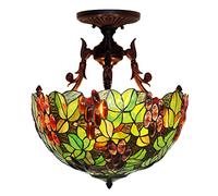 Aioneer Ceiling Light Fixture Semi Flush Mount 16" Grape Stained Glass Shade Ceiling Lamp 3 Light Vintage Hanging Lamp for Decor Living Room Bedroom Kitchen Dining Room Hallway