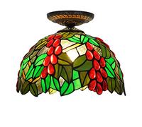 Aioneer Grape Ceiling Lights, Stained Glass LED Ceiling Lamp Flush Mount with 12" Shade, Vintage Style Chandelier for Living Room Bedroom Kitchen, Red