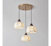 Aioneer Lampadari A Sospensione A Forma di Fiore, per Isola Cucina, Piccola Lampada di metà Secolo, Lampadario Vintage in Legno con 3 Gruppi di Tessuto, per Sala da Pranzo, Camer-3 Light Round