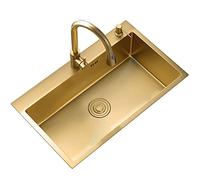 Aioneer Lavello da Cucina A Vasca Singola, Quadrato, con Rubinetto Estraibile E Kit di Installazione, da Incasso O Essenziale.-Gold-60x45x21cm