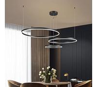 Aioneer Modern Dimmable Pendant Lamp with Remote Control Height Adjustable Metal Ring Design Ideal for Dining Table Kitchen Island Bar Living Room Stylish Black Ceiling Light Fix-Black-3 Rounds