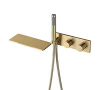 Aioneer Rubinetto per Vasca da Bagno A Cascata con Doccetta, Rubinetto Termostatico per Vasca da Bagno A Parete, Rubinetto per Vasca in Ottone, Miscelatore A Doppia Maniglia con -Brushed Gold