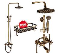 Aioneer Set di Rubinetti per Doccia in Ottone Anticato - Soffione Doccia A Pioggia da 8", Miscelatore A Doppia Maniglia, Sistema Doccia da Parete, Arredo Bagno di Lusso - C-Shower Set - C