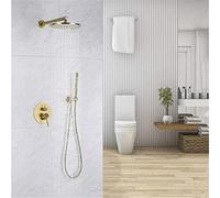 Aioneer Set di Rubinetti per Doccia, Rubinetto per Bagno in Ottone Dorato Spazzolato, Soffione Doccia da 8-12 Pollici, Sistema Doccia Rianfall, Braccio Doccia A Parete, Kit Misce