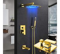 Aioneer Set Doccia con Soffione A Pioggia A LED Dorato - Soffione Doccia Nascosto da 12 Pollici, Miscelatore in Ottone A 3 Vie E Beccuccio per Vasca per Un'Esperienza di Bagno Di-12 inch Full Set