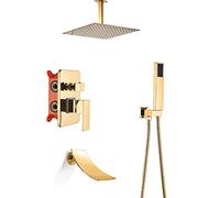 Aioneer Sistema Doccia A Pioggia, Set Doccia con Rubinetto per Bagno in Oro con Beccuccio per Vasca A Cascata, Set Doccia Combinato A Soffitto, Miscelatore A Pioggia in Ottone Co-8 inch