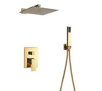 Aioneer Sistema Doccia A Pioggia, Set Doccia da Bagno in Oro, Set Doccia Combinato A Parete, Miscelatore A Pioggia in Ottone con Soffione, Doccetta, 10 Pollici-12 inch