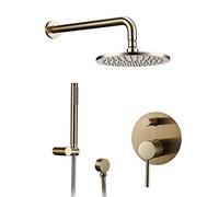 Aioneer Sistema Doccia in Ottone Dorato Spazzolato, Miscelatore A Pioggia di Lusso, Set Doccia Multifunzione A Parete con Doccetta, Soffione Doccia A Pioggia Rotondo, 10 Pollici-8 inch