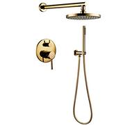 Aioneer Sistema Doccia in Ottone Dorato Titanio, Miscelatore A Pioggia di Lusso, Set Doccia A Parete Multifunzione con Doppia Maniglia, Set Doccia Combinato con Soffione A Pioggi-8 inch