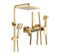 Aioneer Sistema Doccia Quadrato Dorato da 9 Pollici con Acqua Calda E Fredda, Miscelatore A Pioggia per Bagno con Uscita Acqua A 4 Funzioni, Set Doccia Combinato con Doccetta SUP