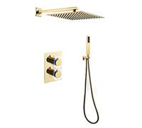 Aioneer Sistema Doccia Termostatico A Pioggia, Set Rubinetto Doccia Dorato, Set Doccia Combinato in Ottone A Parete, Miscelatore A Pioggia A Doppia Maniglia con Soffione, Doccett-12 inch