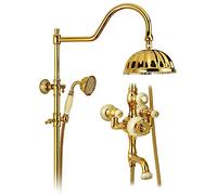 Aioneer Sistema Doccia Termostatico, Set Doccia con Rubinetto in Ottone Dorato, Set Doccia A Pioggia Multifunzionale da Parete per Bagno con Doccetta, Soffione, Rubinetto per Vas