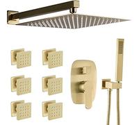 Aioneer Soffione Doccia Classico, Corpo Doccia Moderno da Parete in Ottone Spazzolato Oro da 10-12 Pollici, Rubinetto Doccia A Pioggia con 6 Getti per Il Corpo, Set Miscelatore, A-12 inch