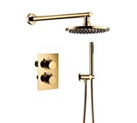 Aioneer Soffione Doccia Classico, Termostatico, in Titanio E Oro, Set Doccia con Rubinetto, Maniglia Multifunzione A Parete in Ottone, Set Doccia Combinato con Soffione Doccia A -A-8 inch