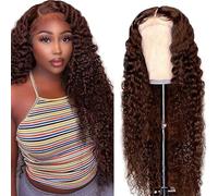 AiPliantfis Deep Wave Human Hair Wig Brown Parrucca Capelli Umani 4X4 Lace Front Glueless Wear and Go #4 Chocolate Real Hair Pre Plucked 150% Density Brazilian Remy Hair 22 Inch