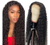 AiPliantfis Parrucca per capelli umani 4x4 #1b parrucca frontale in pizzo nero ondulato senza colla usura e andare colore naturale adatto a tutti i toni della pelle Capelli del bambino non trattati 50