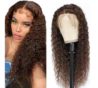 AiPliantfis Water Wave Human Hair Wig Brown Parrucca Capelli Umani 4X4 Lace Front Glueless Wear and Go #4 Chocolate Real Hair Pre Plucked 150% Density Brazilian Remy Hair 24 Inch