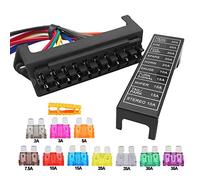 Aiqeer 10 Vie Blocco Fusibili a Lama per Auto, 2 Ingressi 10 Uscite Portafusibili a Lama Standard, Scatola Fusibili Standard con Precablato, e 10 Pezzi Fusibili a Lama (12V / 24V / 32V / 48V)
