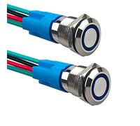 Aiqeer 2 Pezzi 12 mm Interruttore a Pulsante Momentaneo, 12V / 24V 3A Interruttore di Accensione per Auto, Interruttore a Pulsante in Metallo con Presa Precablata (LED Blu)