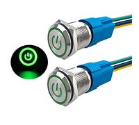 Aiqeer 2 Pezzi 16 mm Interruttore a Pulsante Autobloccante, 12V / 24V 5A Interruttore di Accensione per Auto, Interruttore a Pulsante in Metallo con Presa Precablata (LED Verde)