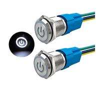 Aiqeer 2 Pezzi 16 mm Interruttore a Pulsante Autobloccante, 12V / 24V 5A Interruttore di Accensione per Auto, Interruttore a Pulsante in Metallo con Presa Precablata (LED Bianco)