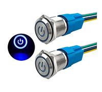 Aiqeer 2 Pezzi 16 mm Interruttore a Pulsante Autobloccante, 12V / 24V 5A Interruttore di Accensione per Auto, Interruttore a Pulsante in Metallo con Presa Precablata (LED Blu)