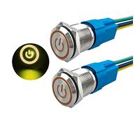 Aiqeer 2 Pezzi 16 mm Interruttore a Pulsante Autobloccante, 12V / 24V 5A Interruttore di Accensione per Auto, Interruttore a Pulsante in Metallo con Presa Precablata (LED Giallo)