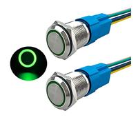 Aiqeer 2 Pezzi 16 mm Interruttore a Pulsante Momentaneo, 12V / 24V 5A Interruttore di Accensione per Auto, Interruttore a Pulsante in Metallo con Presa Precablata (LED Verde)
