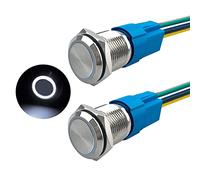 Aiqeer 2 Pezzi 16 mm Interruttore a Pulsante Momentaneo, 12V / 24V 5A Interruttore di Accensione per Auto, Interruttore a Pulsante in Metallo con Presa Precablata (LED Bianco)