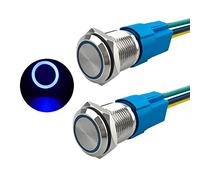 Aiqeer 2 Pezzi 16 mm Interruttore a Pulsante Momentaneo, 12V / 24V 5A Interruttore di Accensione per Auto, Interruttore a Pulsante in Metallo con Presa Precablata (LED Blu)