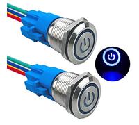 Aiqeer 2 Pezzi 19 mm Interruttore a Pulsante Autobloccante, 12V / 24V 5A Interruttore di Accensione per Auto, Interruttore a Pulsante in Metallo con Presa Precablata (LED Blu)