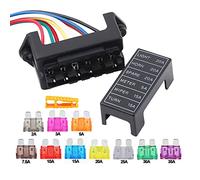 Aiqeer 6 Vie Blocco Fusibili a Lama per Auto, 2 Ingressi 6 Uscite Portafusibili a Lama Standard, Scatola Fusibili Standard con Precablato, e 10 Pezzi Fusibili a Lama (12V / 24V / 32V / 48V)
