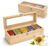 AiQInu Porta Bustine di Tè, Porta Té in Bambù con 5 Scomparti, Portacialde da Caffe, Contenitore con Vetro Trasparente, Grande Capacità, Anti umidità, Scatola Regalo per Cucina, Colore Naturale