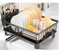 AiQInu Scolapiatti Compatto con Beccuccio Girevole 360°, Portapiatti in Acciaio al Carbonio con Portautensili, Portastoviglie Salvaspazio per Cucine Piccole, Sistema di Scolo Automatico