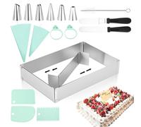 AiQInu Set Stampo per Torte Regolabile - Cornice Rettangolare/Quadrata Regolabile con Anello per Dolci, Teglia da Forno, Divisiore & Accessori per Torte & Dessert (18,5x27,5-34x52,5 cm)