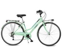 AIRBICI Bicicletta da corsa Donna Fusion Lady 28". Bicicletta da donna a 6 velocità, telaio in acciaio, cerchi in alluminio, luci a LED, portapacchi, cavalletto, cambio Shimano. (Verde acqua)