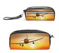 Aircraft Plane at Sunset Astuccio in pelle di grande capacità con cerniera, piccola borsa portatile per trucchi, organizer per forniture per ufficio per donne e uomini