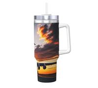 Aircraft Plane at Sunset Print Ice Bully con manico Cannuccia - Fiaschetta per bevande calde e fredde, perfetta per viaggi, sport, ufficio