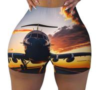 Aircraft Plane at Sunset Stampa Elastico Estate Comodo Design Breve Senza Cuciture Yoga Biker Shorts Esercizio Abbigliamento quotidiano, Nero, XXL