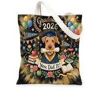 Airedale Terrier Dog Congrats Grad Canvas Tote Bag per lo shopping 13 x 15, oro nero laurea riutilizzabile borsa stampa della spesa per donne, classe 2026 pittura estetica decorazione regalo