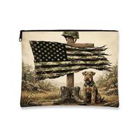Airedale Terrier - Trousse per trucchi con cane, mimetico, militare, da viaggio, per donne, piccola borsa portatile in tela con cerniera, borsa da toilette patriottica, 18,8 x 22,9 cm